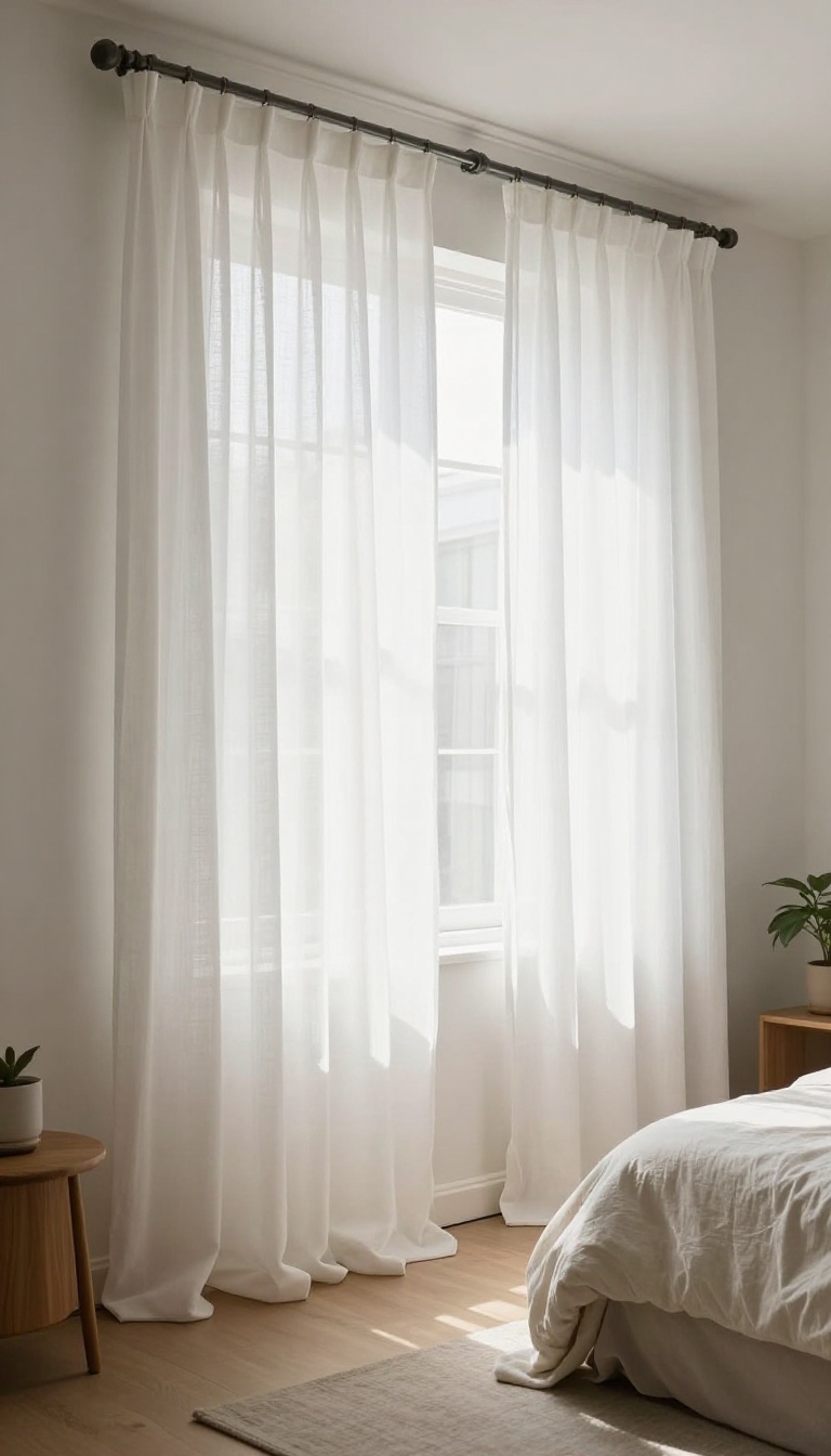 Small bedroom with high-hung sheer curtains that pool on the floor, creating height and softness.