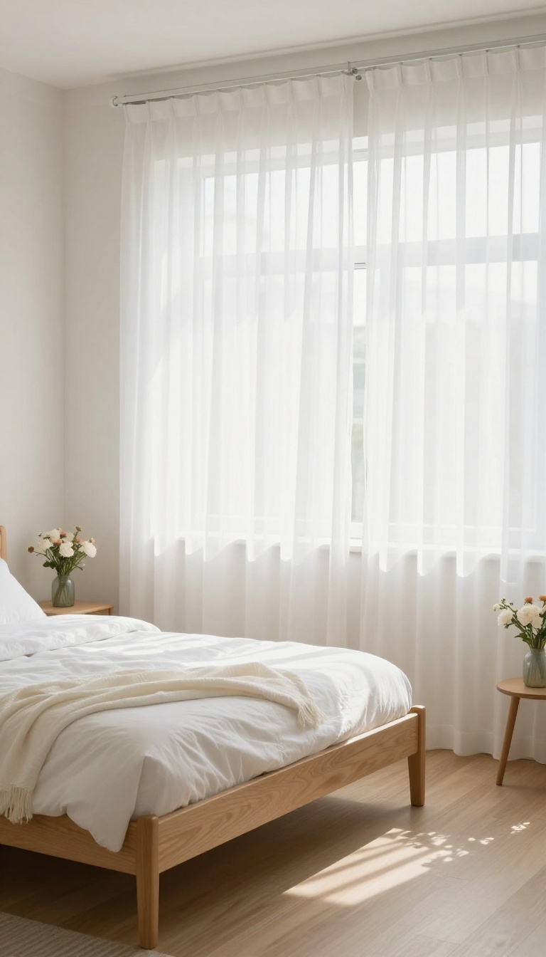 Bright guest room with sheer white curtains letting in natural light, creating an airy and open feel.