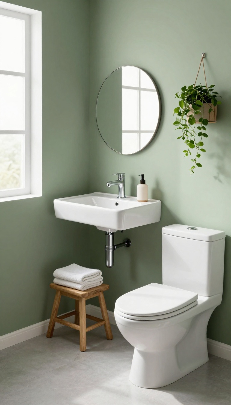 Small bathroom with a corner sink and corner toilet, maximizing space in a tight layout.