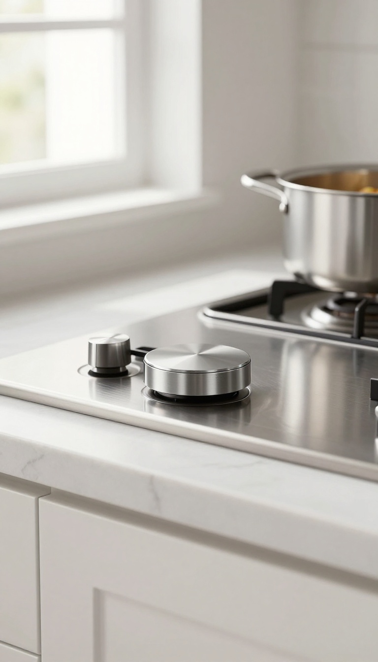 Close-up of a modern stove with a sleek magnetic knob lock, in a bright, clean kitchen.