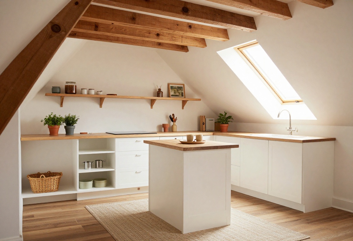 Cozy attic kitchen with sloped ceilings, skylights, and wooden accents