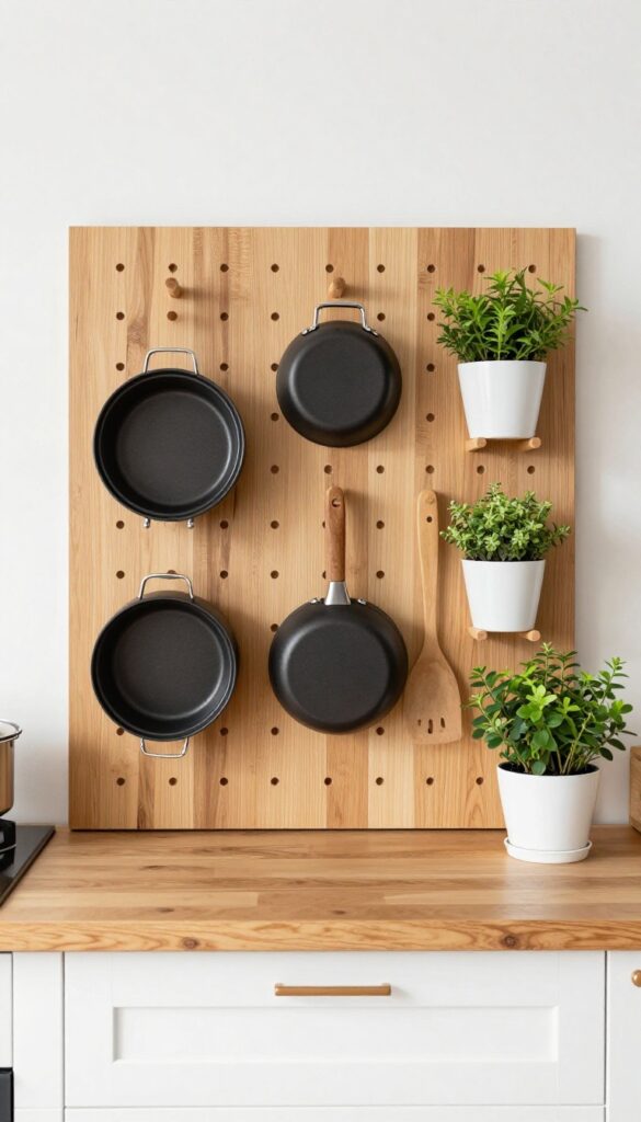 Kitchen island with wooden pegboard back panel for versatile storage, holding pots, pans, and herbs.