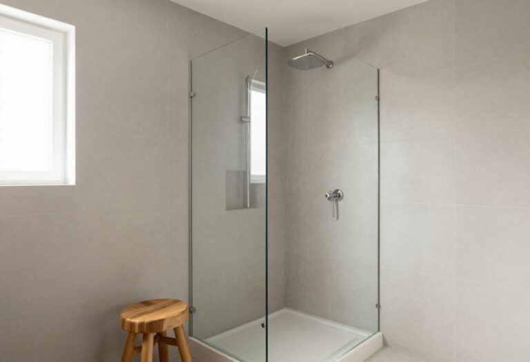 Small bathroom with a glass corner shower and light tiles