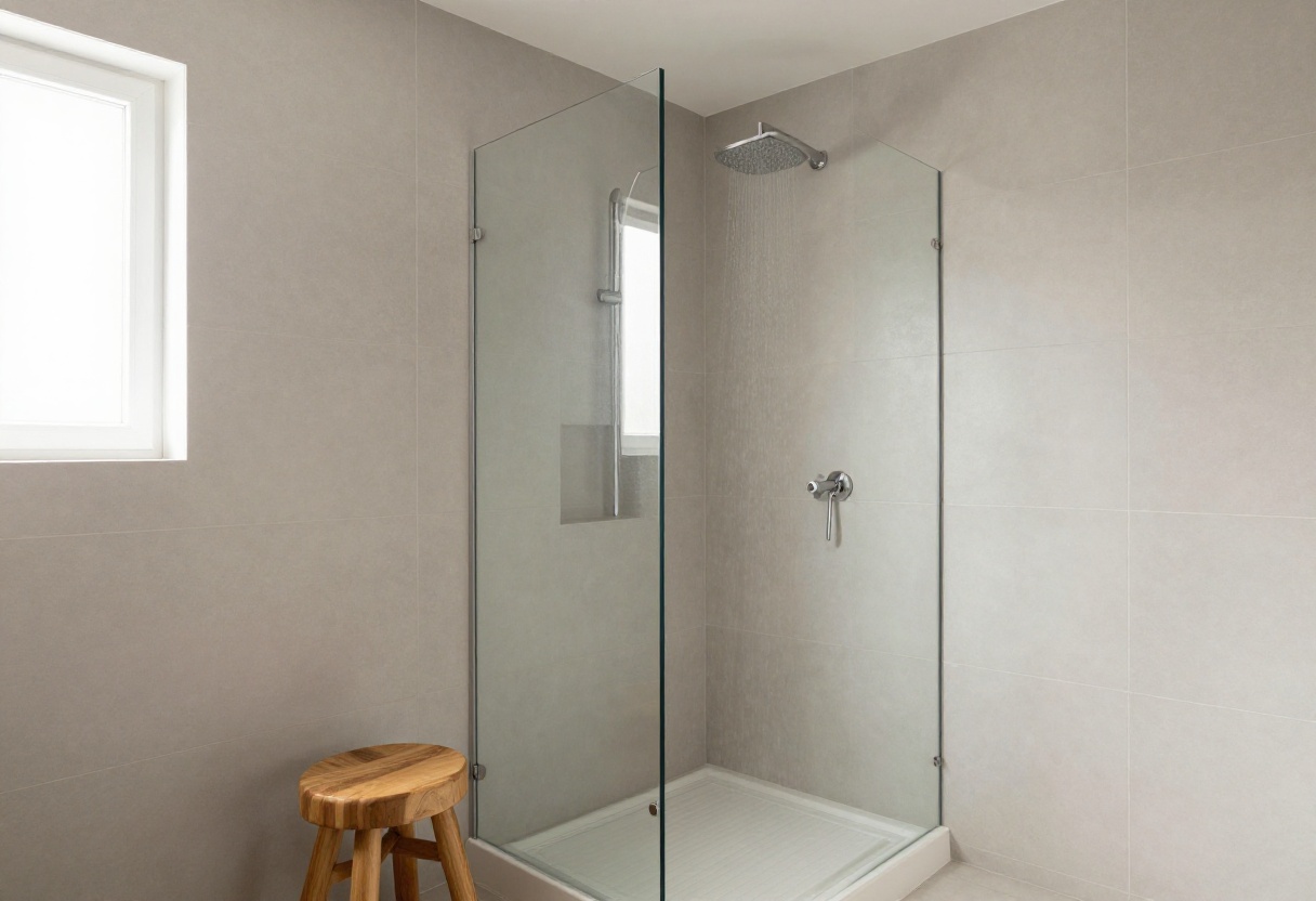 Small bathroom with a glass corner shower and light tiles