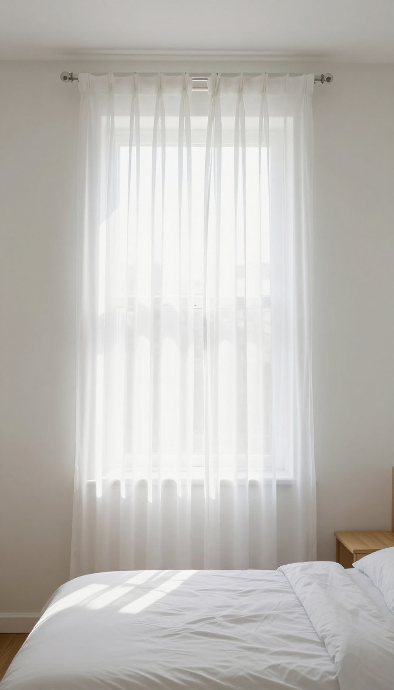 Small bedroom with sheer curtains hung high and wide to make the room feel larger and taller