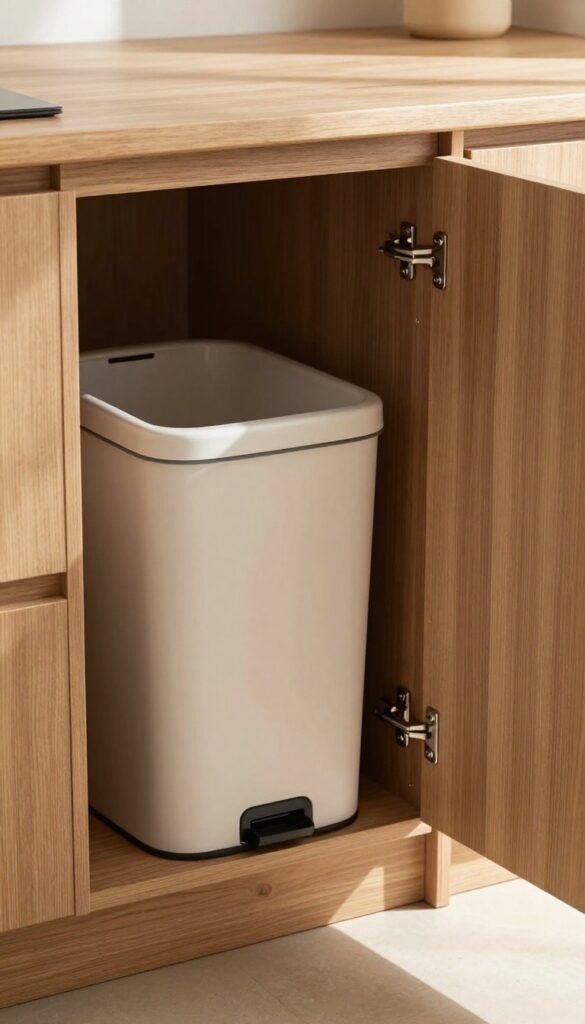 Open cabinet with soft-close pull-out trash bin, walnut front panel, modern kitchen
