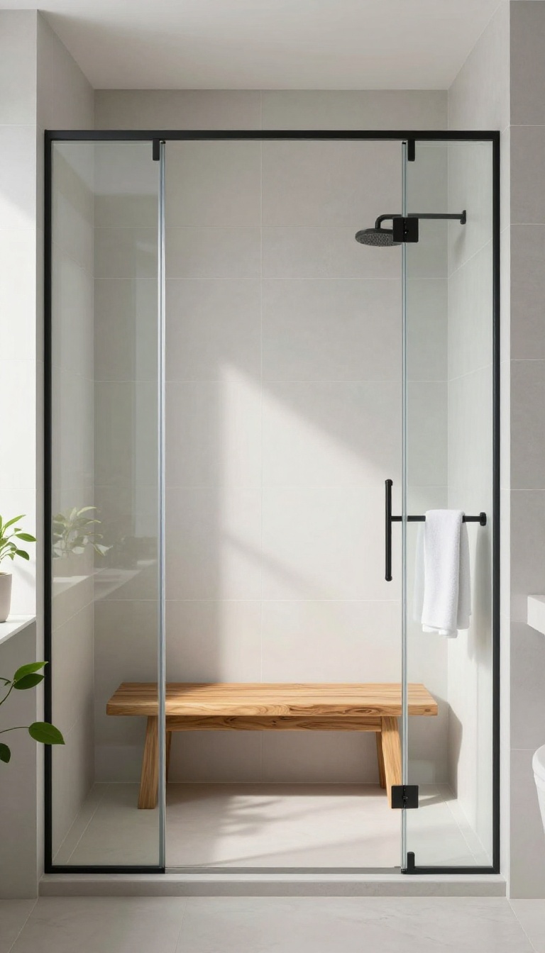 Teak wood shower bench in a bright, modern bathroom with natural light
