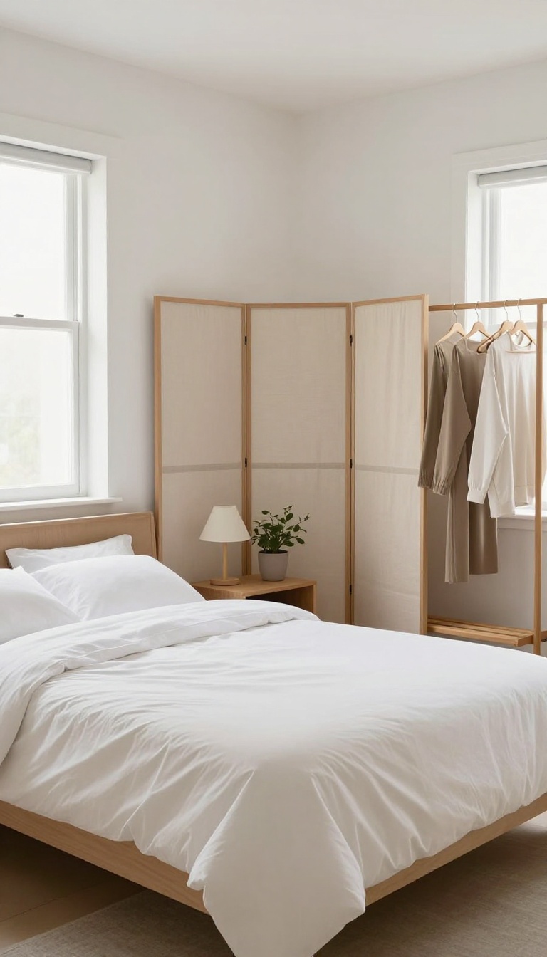Small bedroom with a fold-out privacy screen creating a separate dressing area