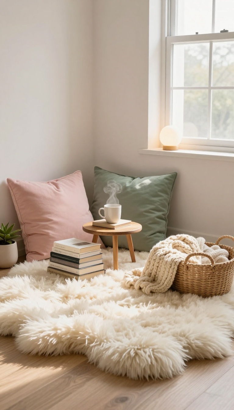Cozy small bedroom reading nook with floor cushions, soft rug, and warm lighting