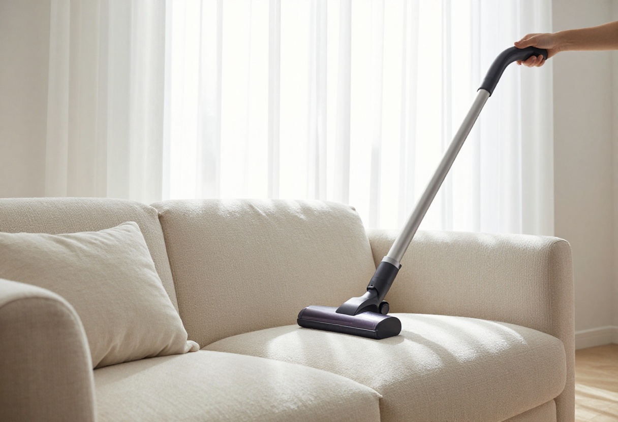 Hand vacuuming a couch cushion to clean it