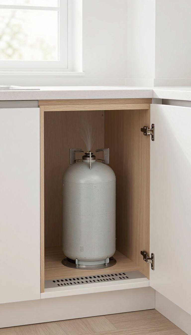 Modern kitchen with a built-in ventilated cabinet for gas cylinder storage