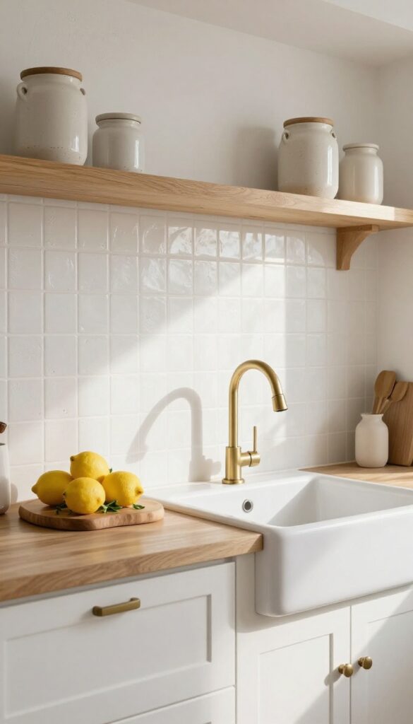 Limewash painted tile backsplash in a coastal kitchen with white cabinets and natural light