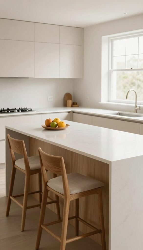 Kitchen island with overhang seating and bar stools tucked underneath in a bright, modern kitchen.