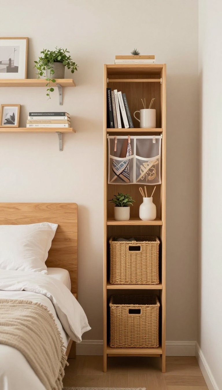 Cozy bedroom with vertical storage: floating shelves above bed, tall bookcase in corner, and over-the-door organizer.