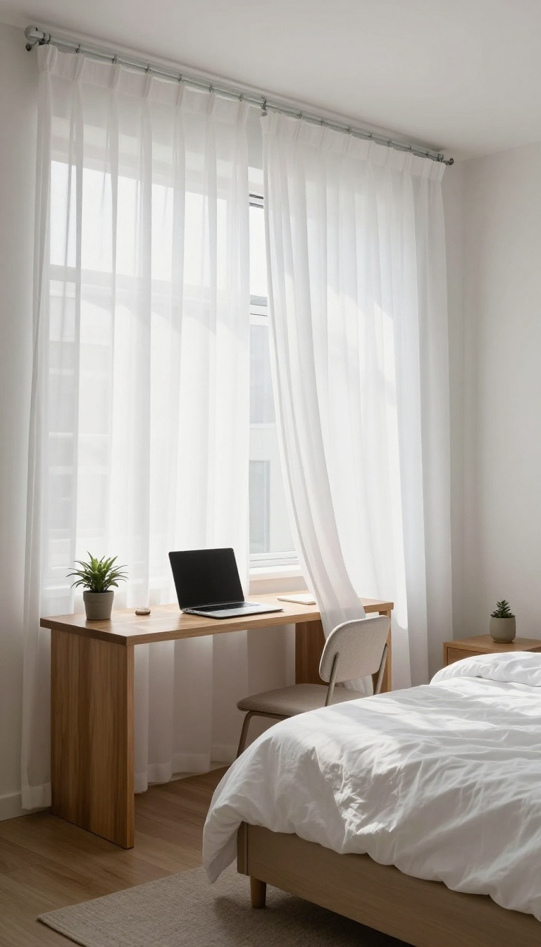A small room with a curtain divider separating a home office and a guest bed, showing flexibility in a compact space.