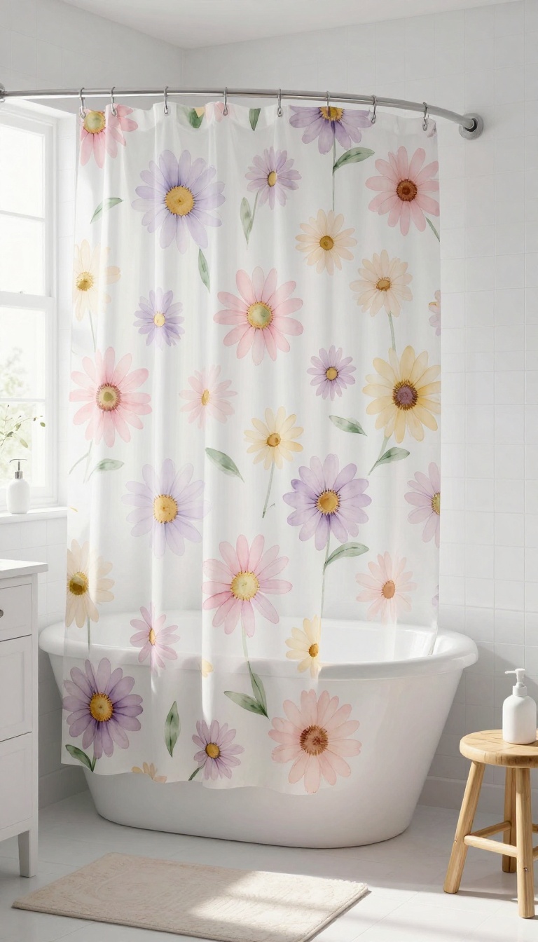 A bright bathroom with a whimsical floral shower curtain featuring pastel watercolor daisies, white bathtub, and minimal decor.