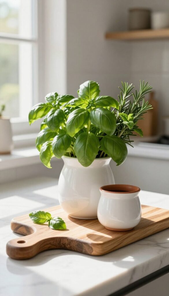 A small herb garden in pretty pots on a kitchen countertop near a sunny window.
