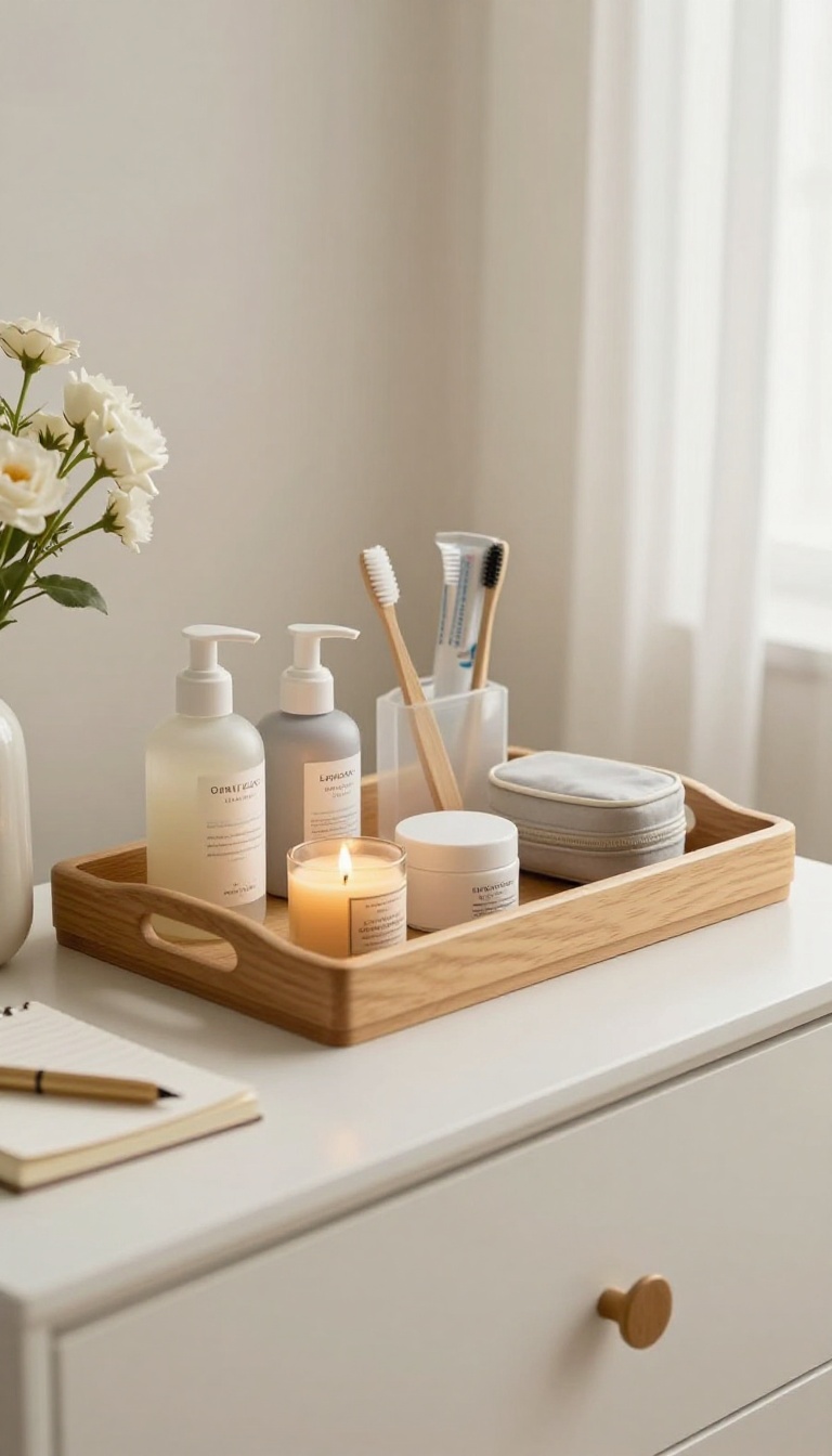 Guest bedroom dresser with a tray of toiletries and essentials