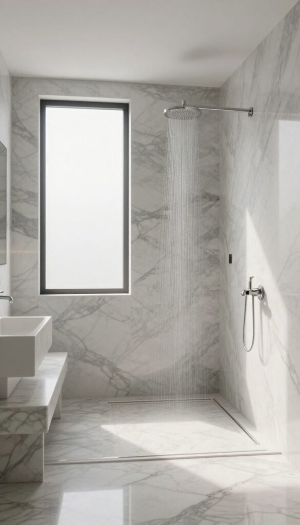 Large marble slabs in a luxury shower with minimal grout lines and bright natural light