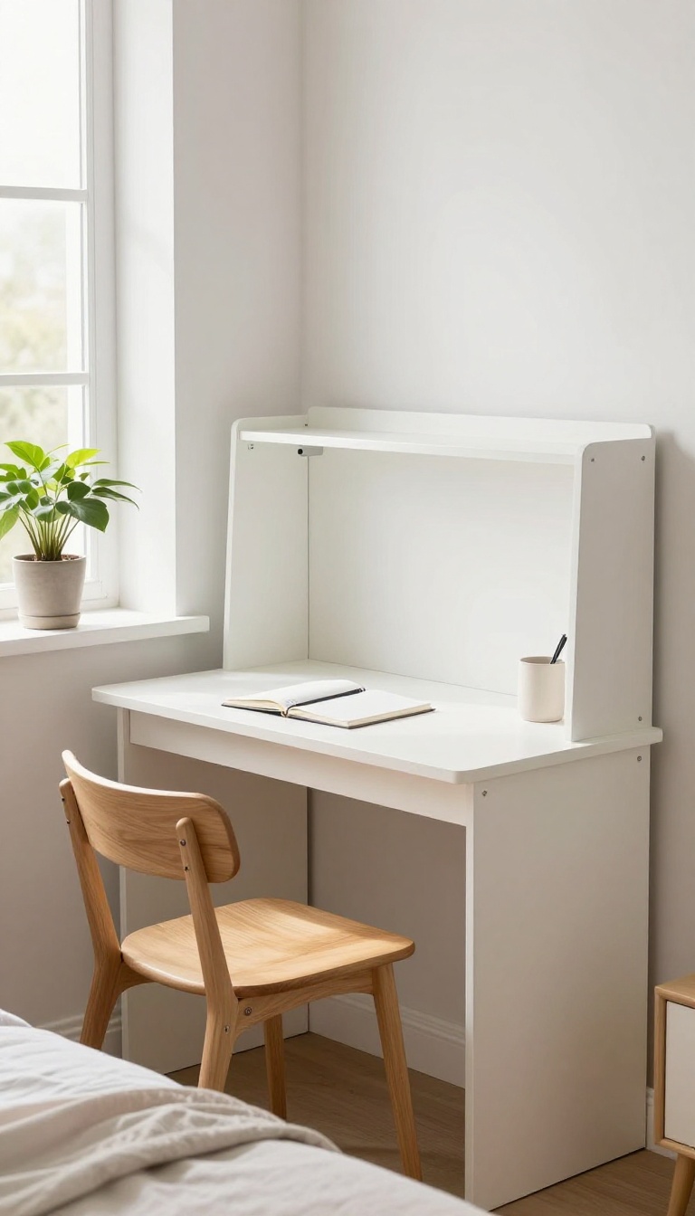 Small bedroom with a fold-down desk open for work, showing a compact workspace beside a bed and window.