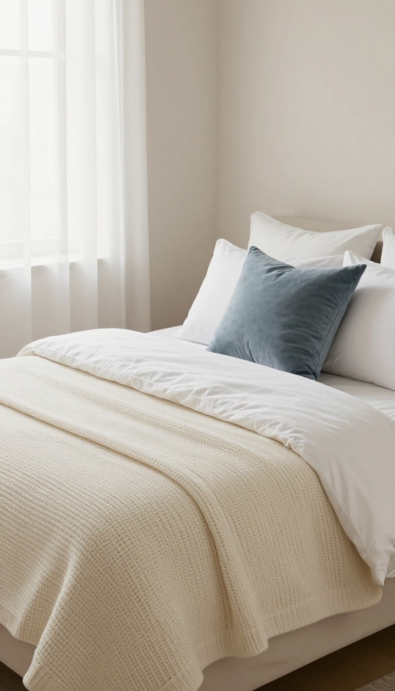 Guest bedroom bed with layered textures: white sheets, chunky knit throw, and velvet pillows in a bright, airy room.