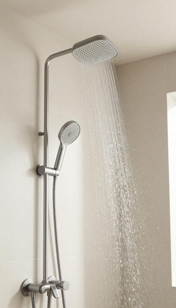 Two adjustable shower heads on slides in a modern bathroom