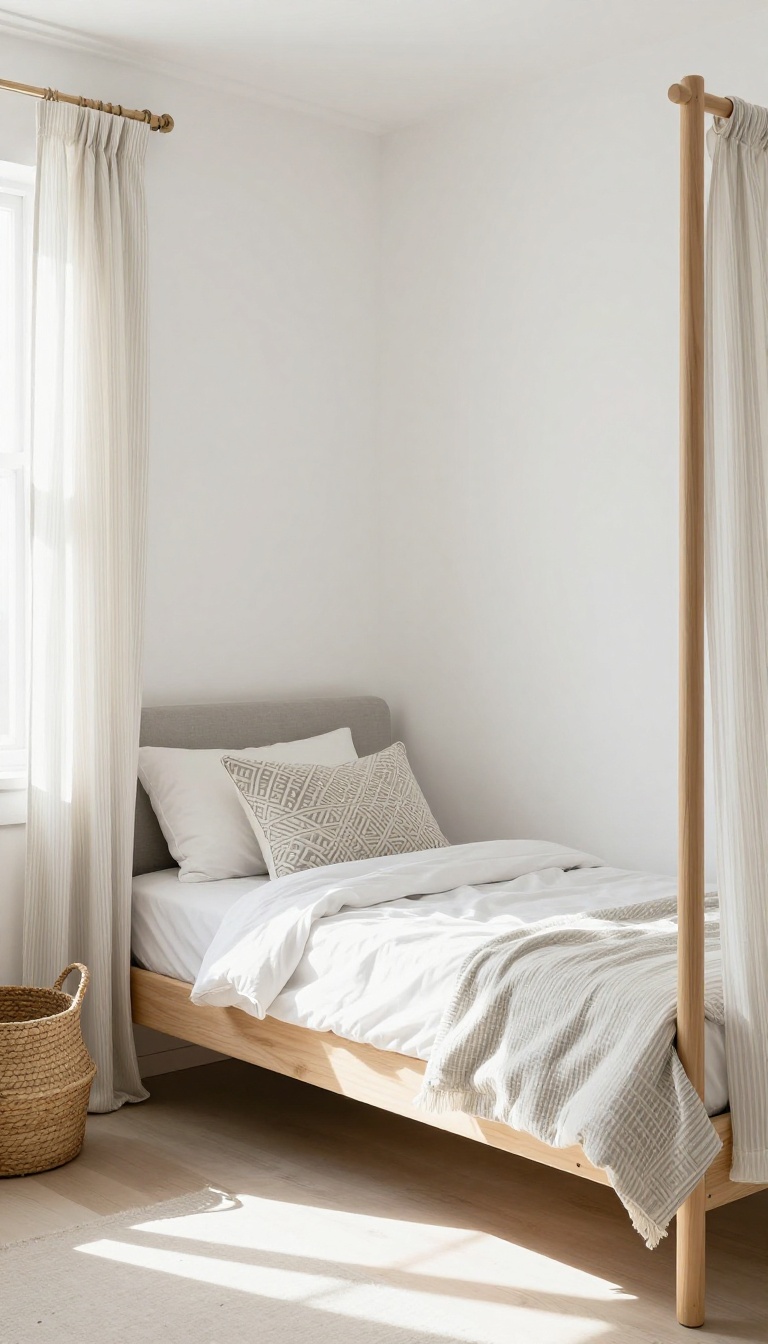 A small bedroom with light neutral colors and subtle patterns, creating an airy and spacious feel.
