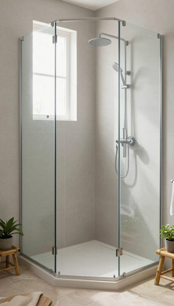 Compact shower with built-in corner seat, tiled seamlessly, bright natural light, modern bathroom design