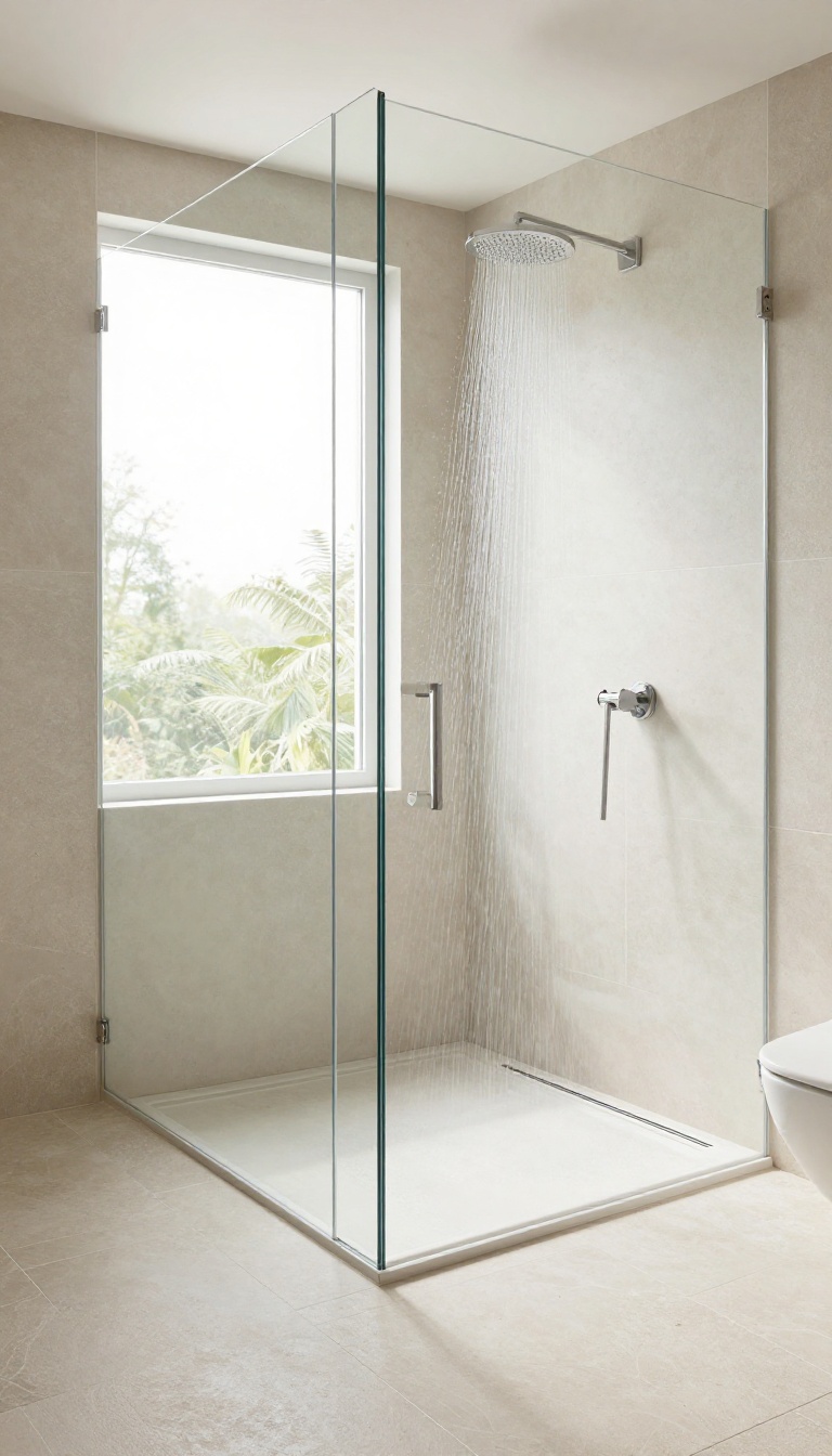 Modern bathroom with a flat stone floor and a linear drain along the wall, creating a sleek, curbless shower design.