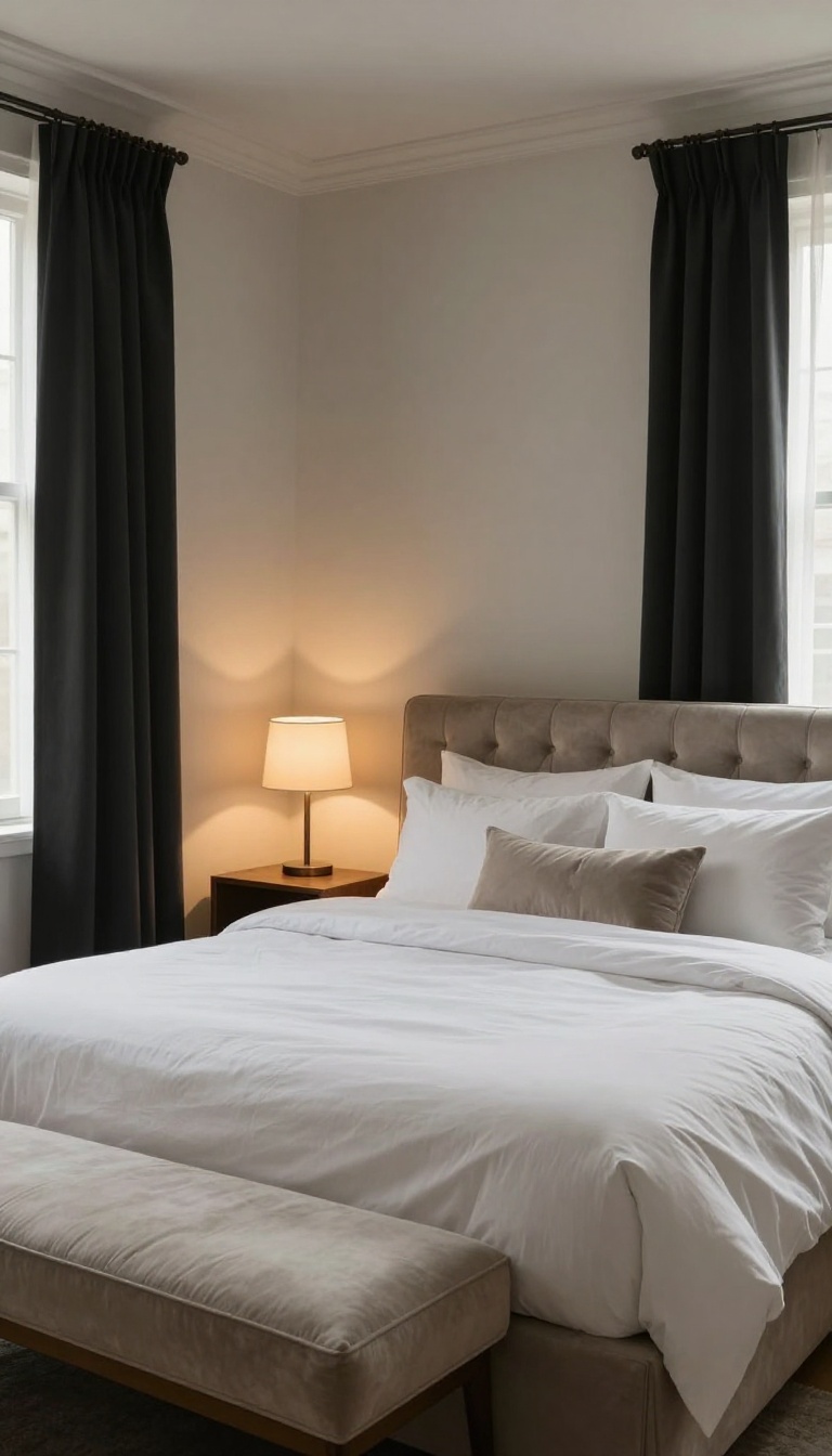 Cozy basement guest bedroom with tufted headboard, crisp white bedding, and warm accent lighting, styled like a boutique hotel room.