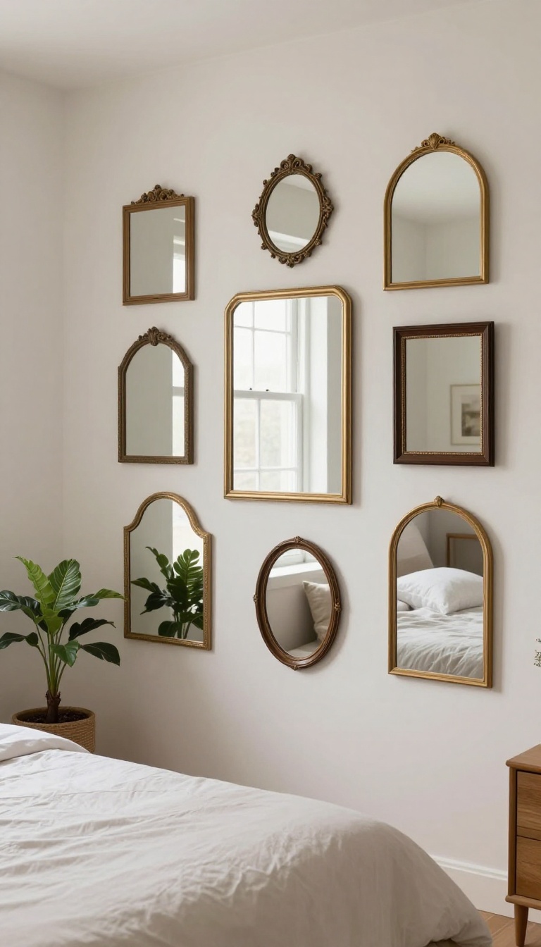A small bedroom with a wall of assorted mirrors reflecting light to make the room feel larger.