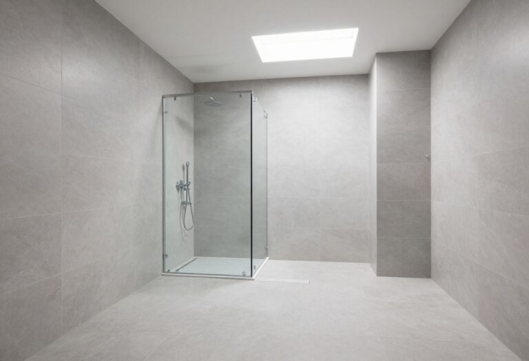 Modern walk-in tile shower with curbless entry and large-format tiles