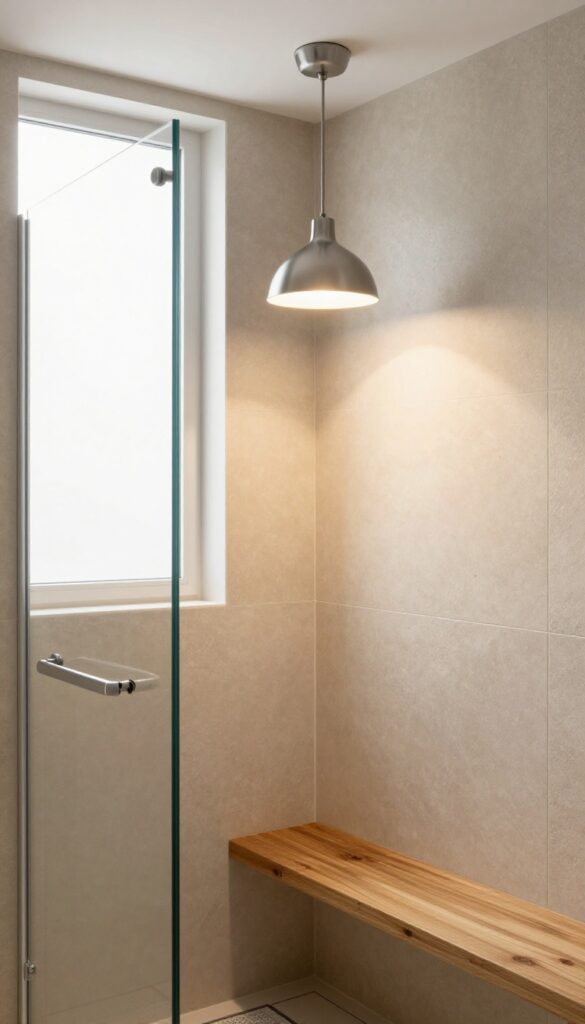 Modern walk-in shower with a warm glowing pendant light rated for wet locations, creating a spa-like ambiance.