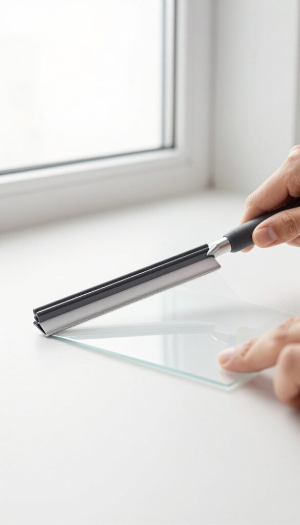 Hand using a small squeegee to clean a flat window blind slat for a streak-free shine