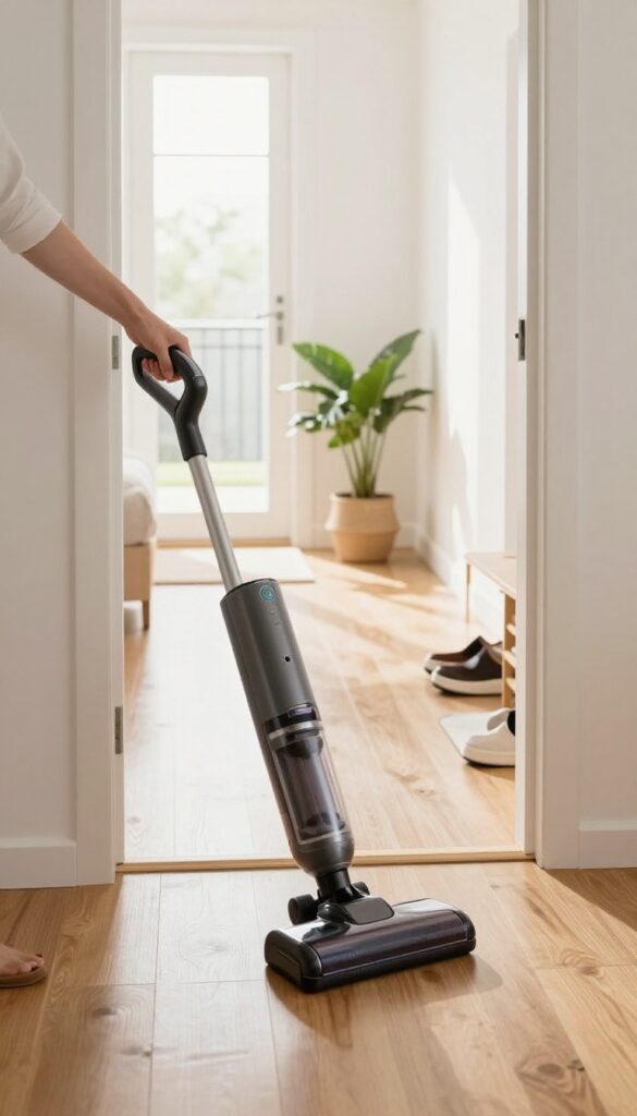 Person vacuuming a high-traffic entryway with a cordless vacuum in a bright, clean home