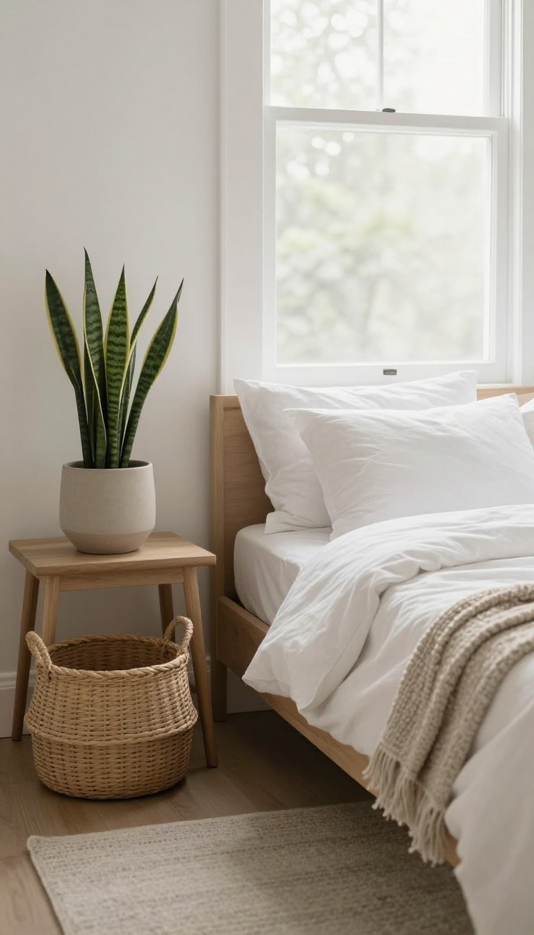 Guest bedroom with a snake plant on a bedside table