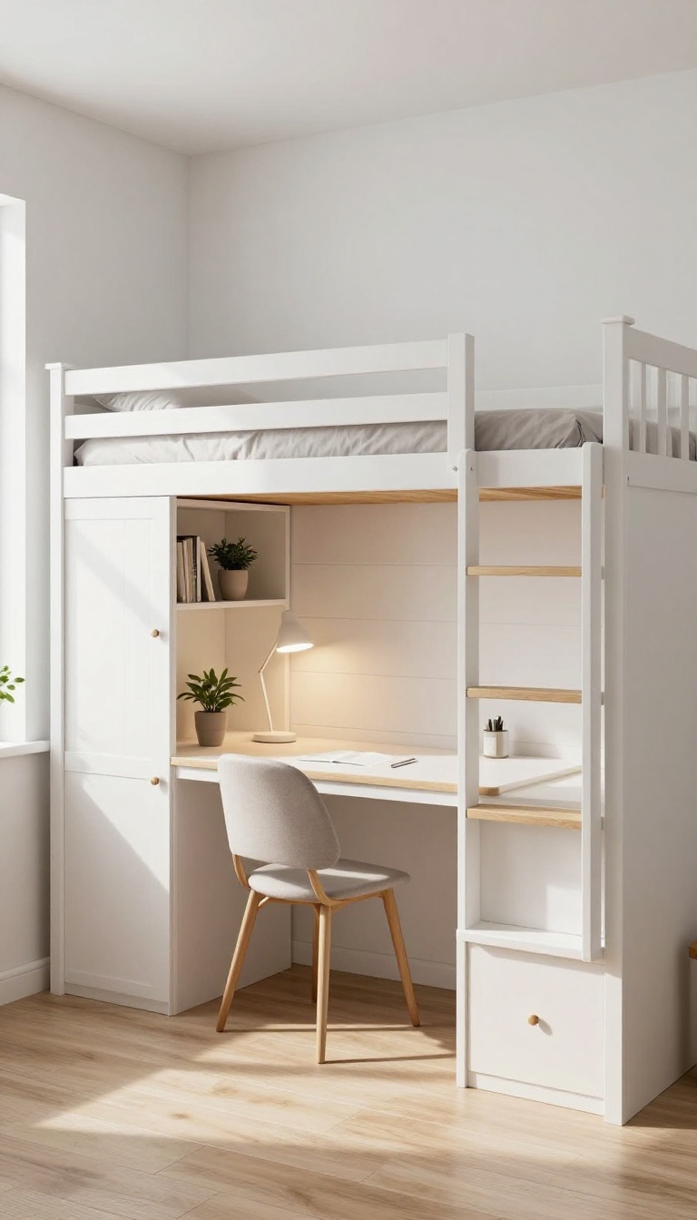 Built-in bunk beds with a desk underneath in a bright, small guest room and home office combo