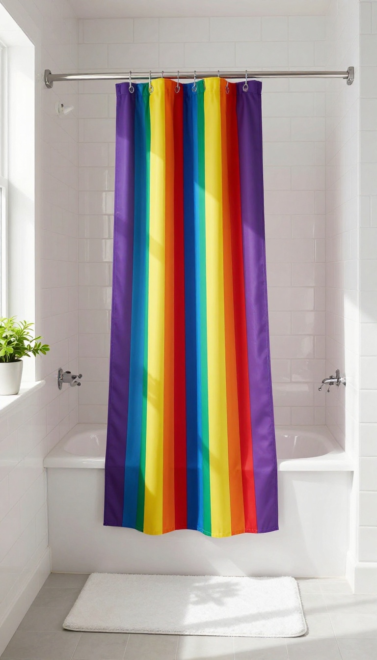 Bathroom with a colorful rainbow striped shower curtain, white tiles, and natural light.
