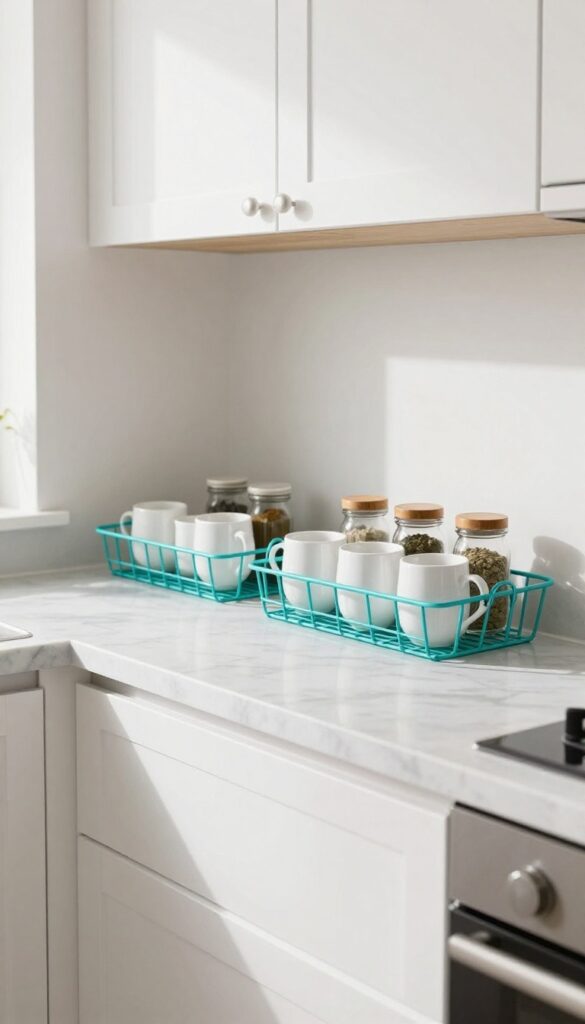 Turquoise under-shelf baskets mounted under a white kitchen shelf, holding mugs and spice jars, bright natural light.