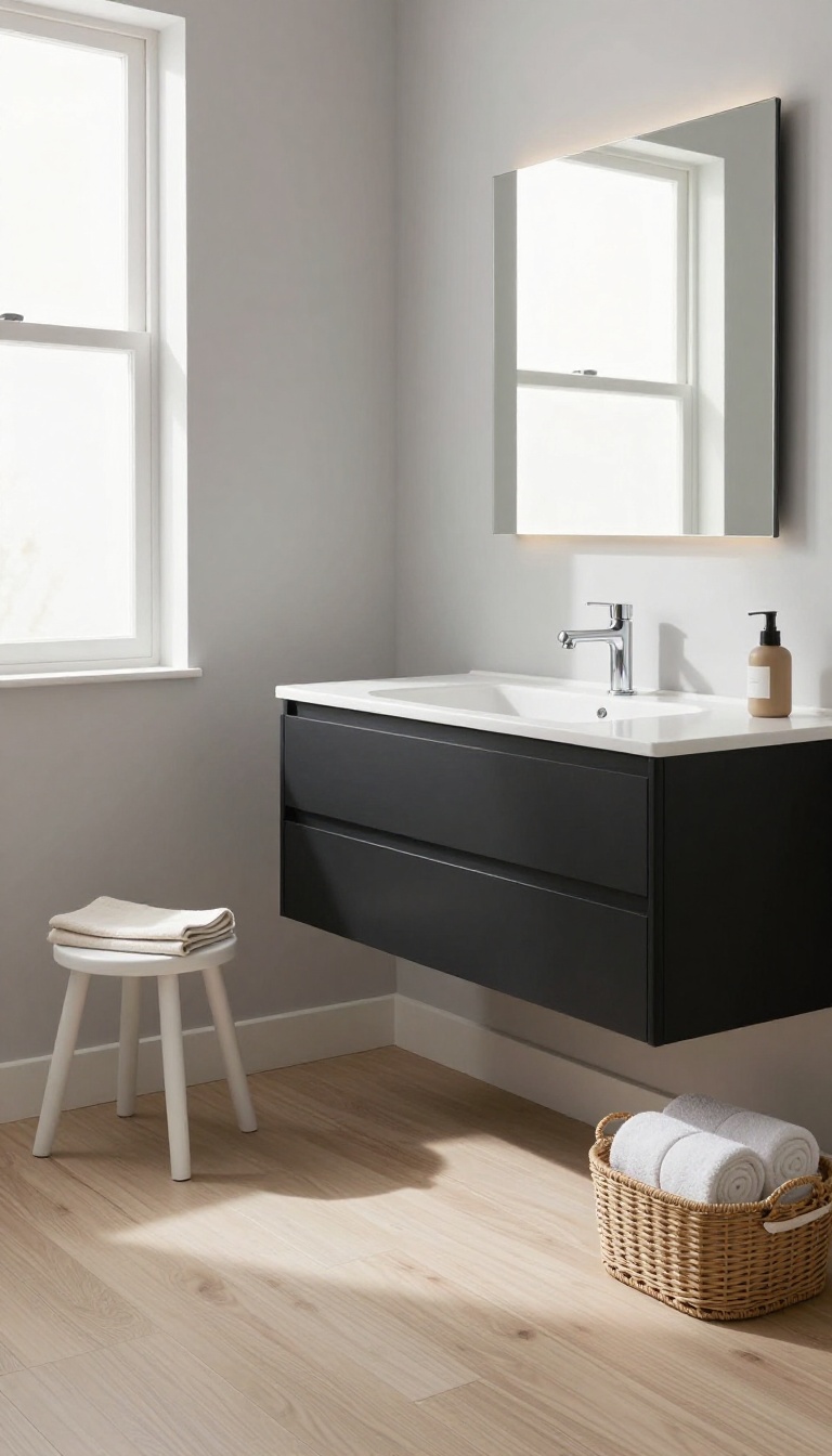 Modern guest bathroom with a floating matte black vanity, white vessel sink, and open floor space, styled with a stool and basket underneath.