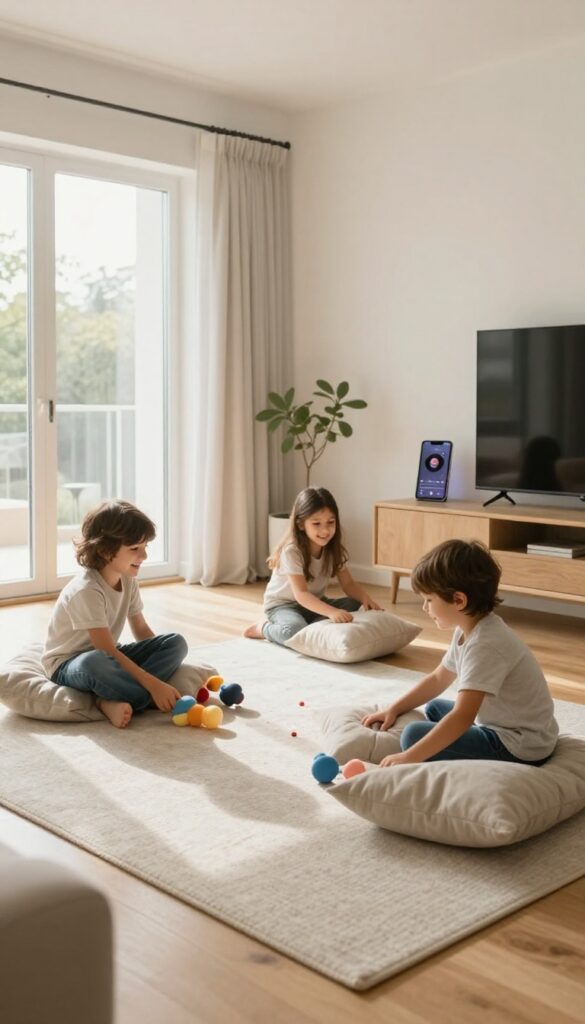 Family cleaning together during a clean-up song in a bright living room