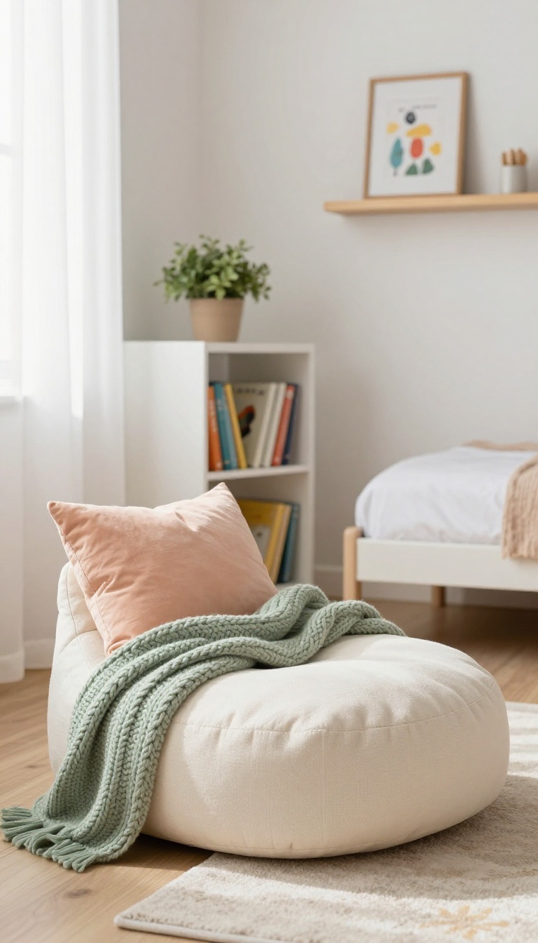 Cozy reading nook in a kids' bedroom corner with floor cushion, pillows, bookshelf, and natural light