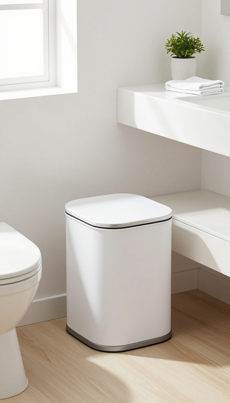 Small lidded wastebasket in a bright guest bathroom