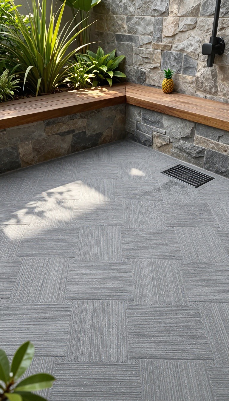 Outdoor shower floor with interlocking rubber tiles in a herringbone pattern, surrounded by natural stone and greenery.