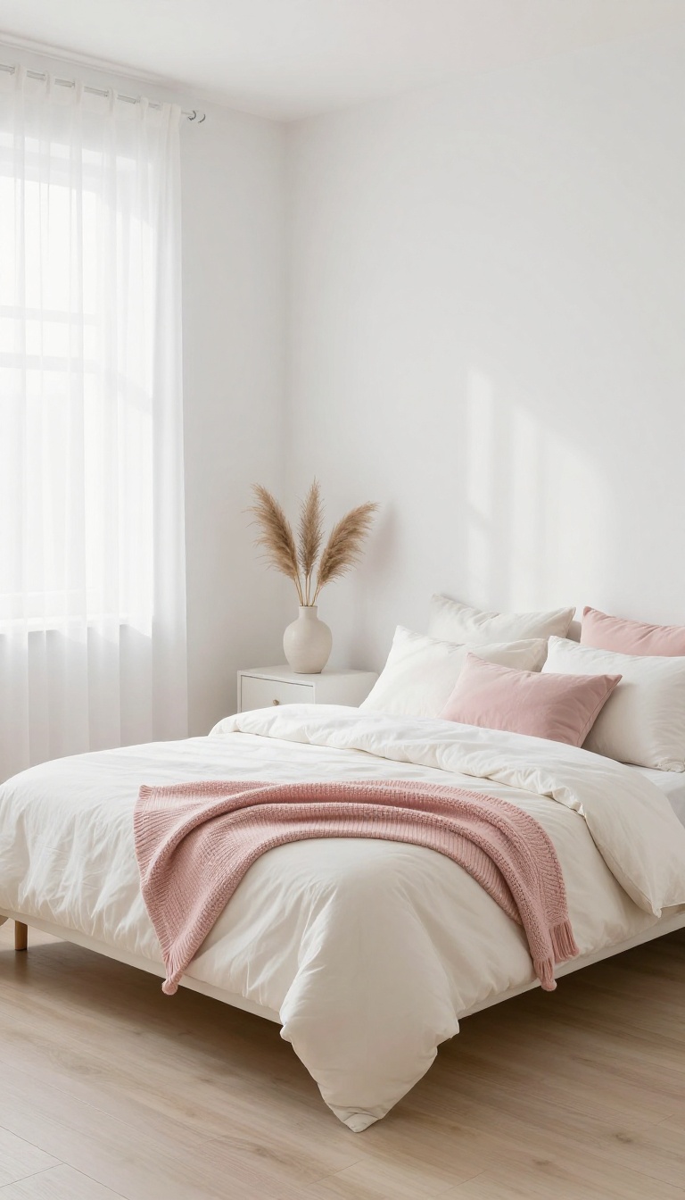 Bright small bedroom with light paint and bedding in white and pastel tones, creating an airy, spacious feel.