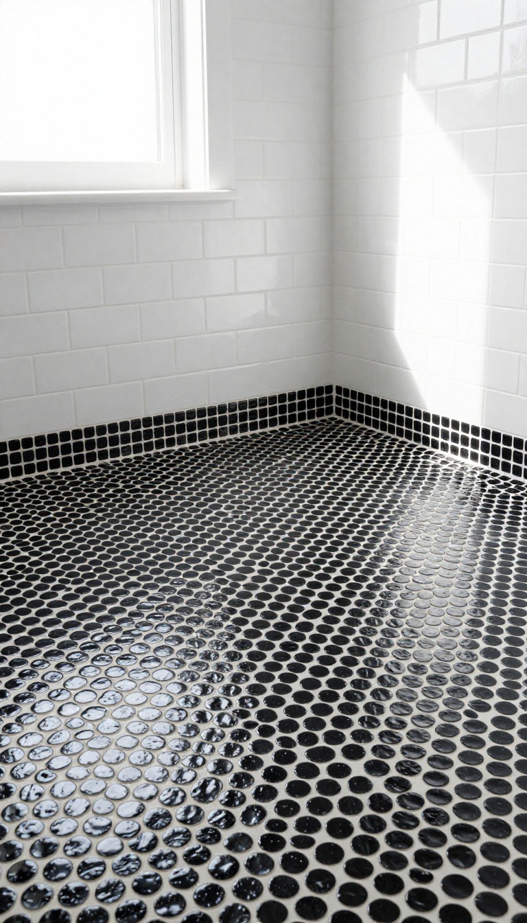 Black penny tile shower floor with white grout in a bright modern bathroom
