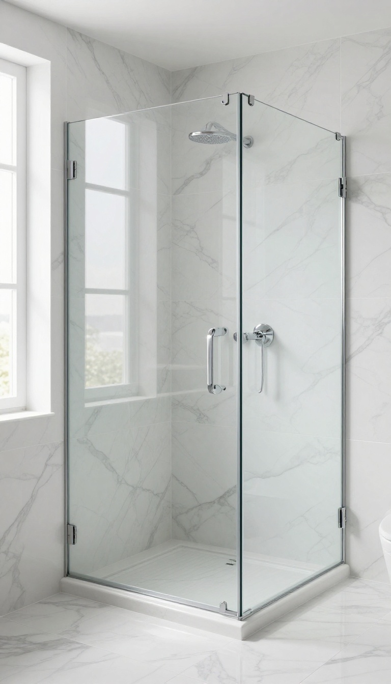 Walk-in shower with floor-to-ceiling marble-look porcelain tiles, creating a seamless and open feel.