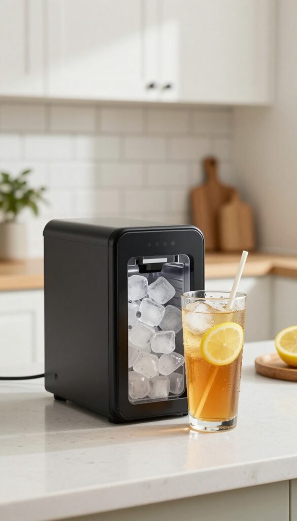 Countertop ice maker with nugget ice next to a glass of iced tea in a bright kitchen