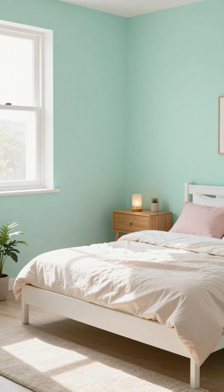 Small bedroom with pastel mint green walls, white bed, blush pink bedding, and a small plant, bright and airy