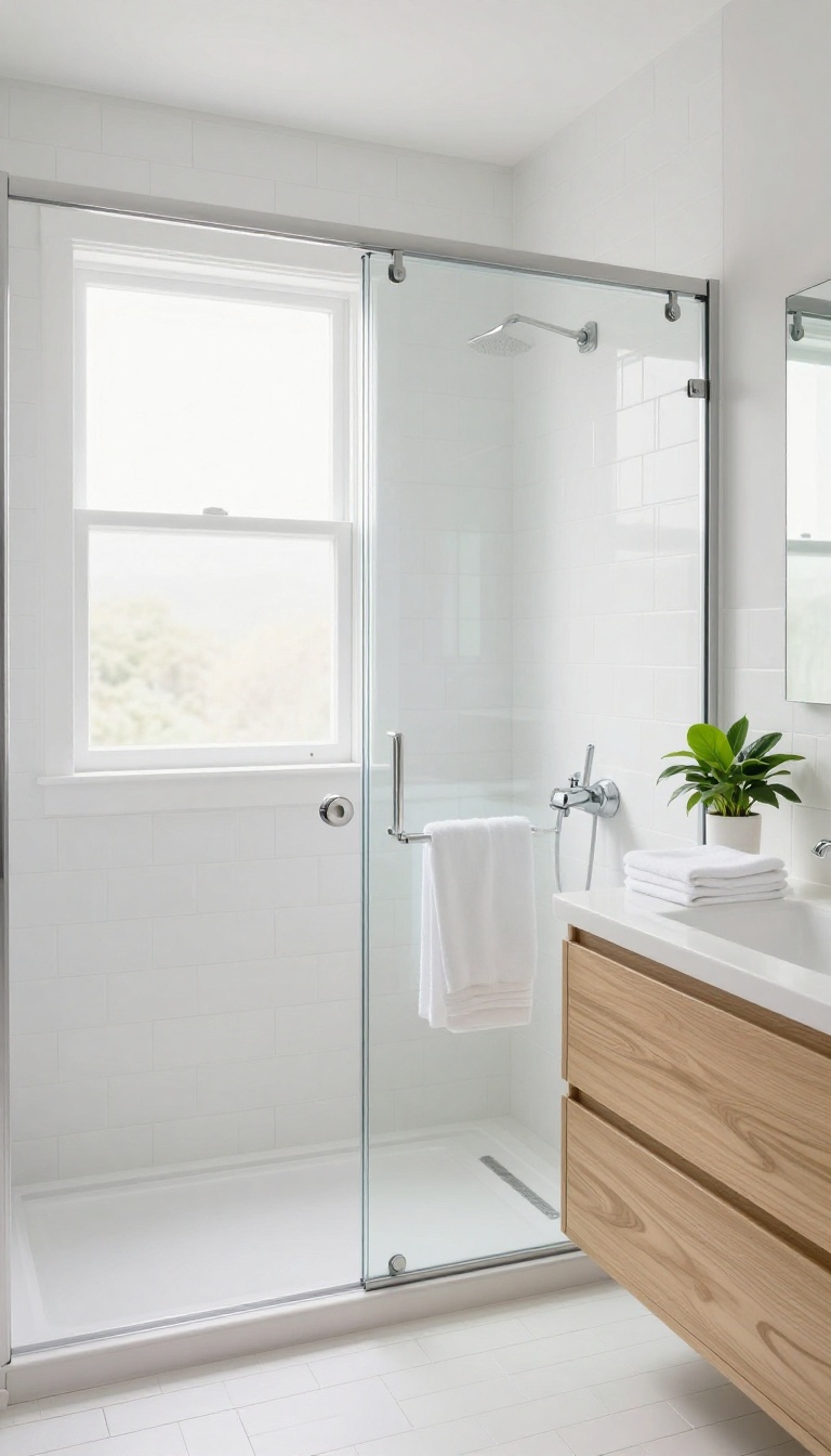 Modern bathroom with alcove tub and sliding glass shower door, bright and clean